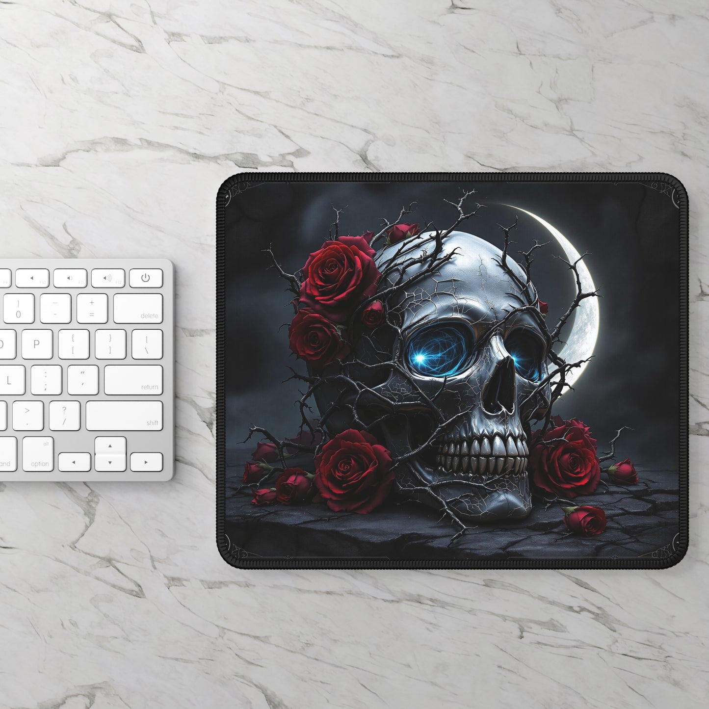 Gothic Skull Gaming Mouse Pad - Dark Floral Design