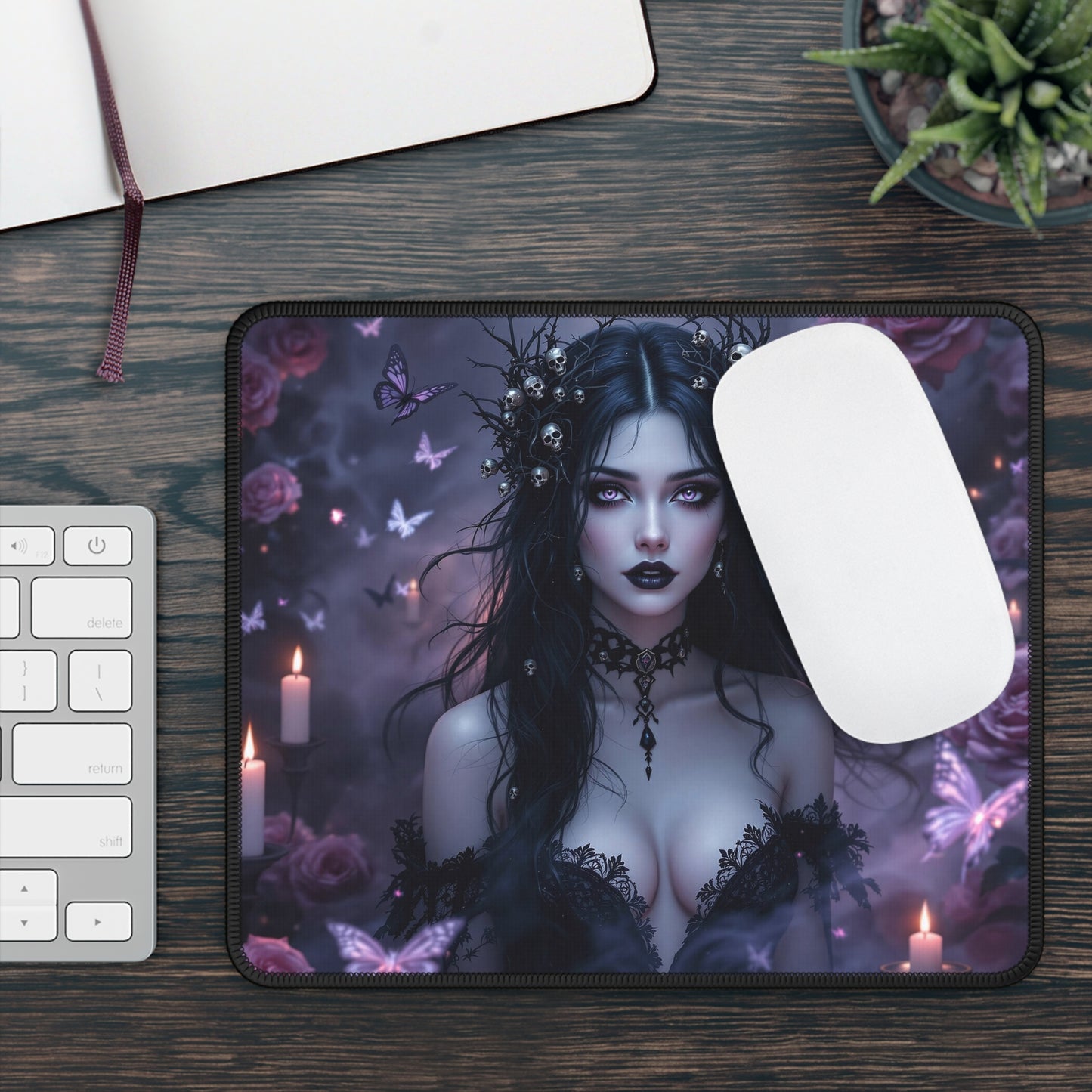 Gothic Fantasy Gaming Mouse Pad - Dark Princess with Butterflies & Candles