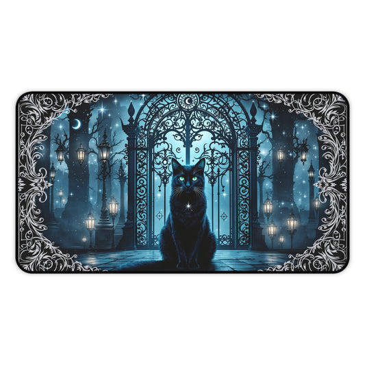 Mystical Cat Desk Mat - Enchanting Gothic Design for Home Office Decor