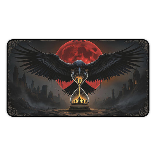 Mystical Raven Desk Mat - Dark Fantasy Gaming Mouse Pad with Hourglass Design