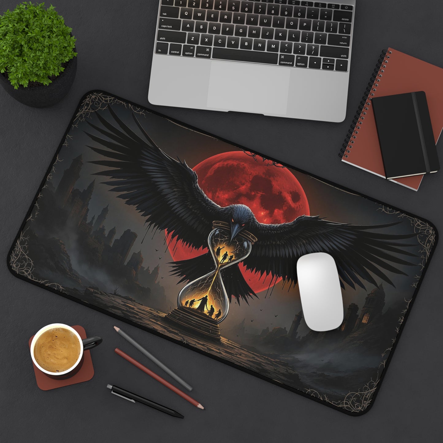 Mystical Raven Desk Mat - Dark Fantasy Gaming Mouse Pad with Hourglass Design