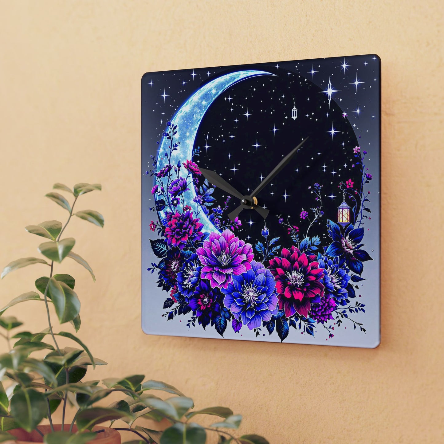 Mystical Moon Floral Acrylic Wall Clock - Elegant Home Decor for Dreamers