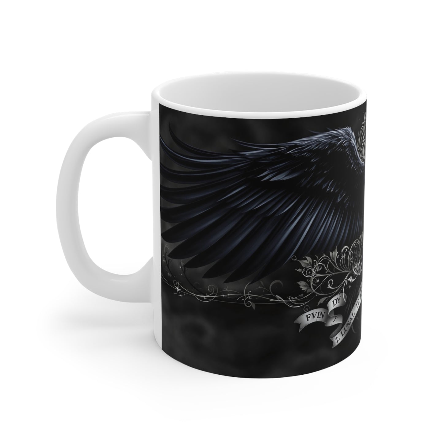 Gothic Raven Mug - 11oz Black Winged Design with Sword and Text