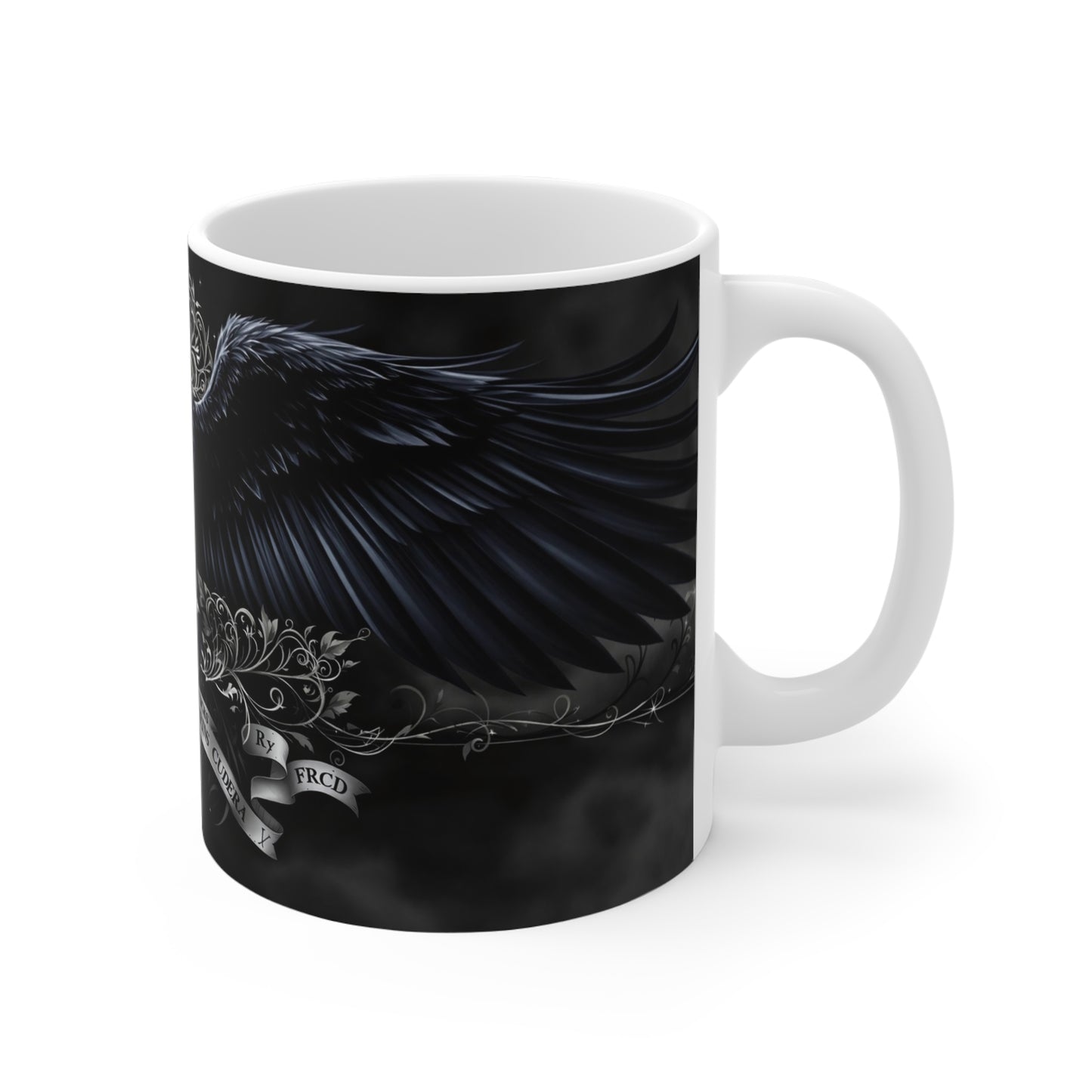 Gothic Raven Mug - 11oz Black Winged Design with Sword and Text