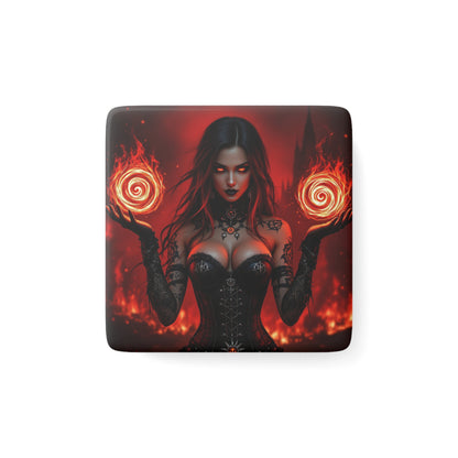 Mystical Sorceress Porcelain Magnet - Gothic Decor for Fans of Fantasy Art