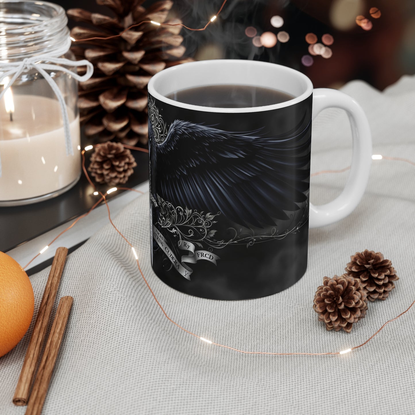 Gothic Raven Mug - 11oz Black Winged Design with Sword and Text