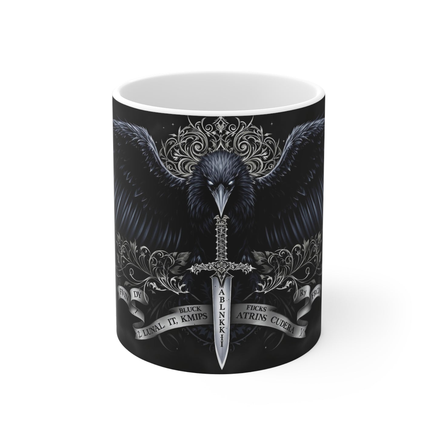 Gothic Raven Mug - 11oz Black Winged Design with Sword and Text